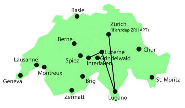 מפת מסע הרכבות בקו המיטב של שוויץ